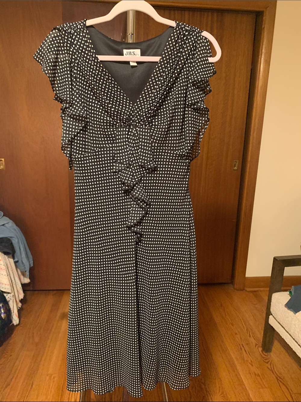 90's vintage J.B.S. Black and White Polka Dot Ruffle Midi Dress